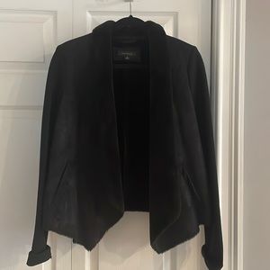 Ann Taylor black microsuede jacket, knit sleeves, faux fur inside size small.